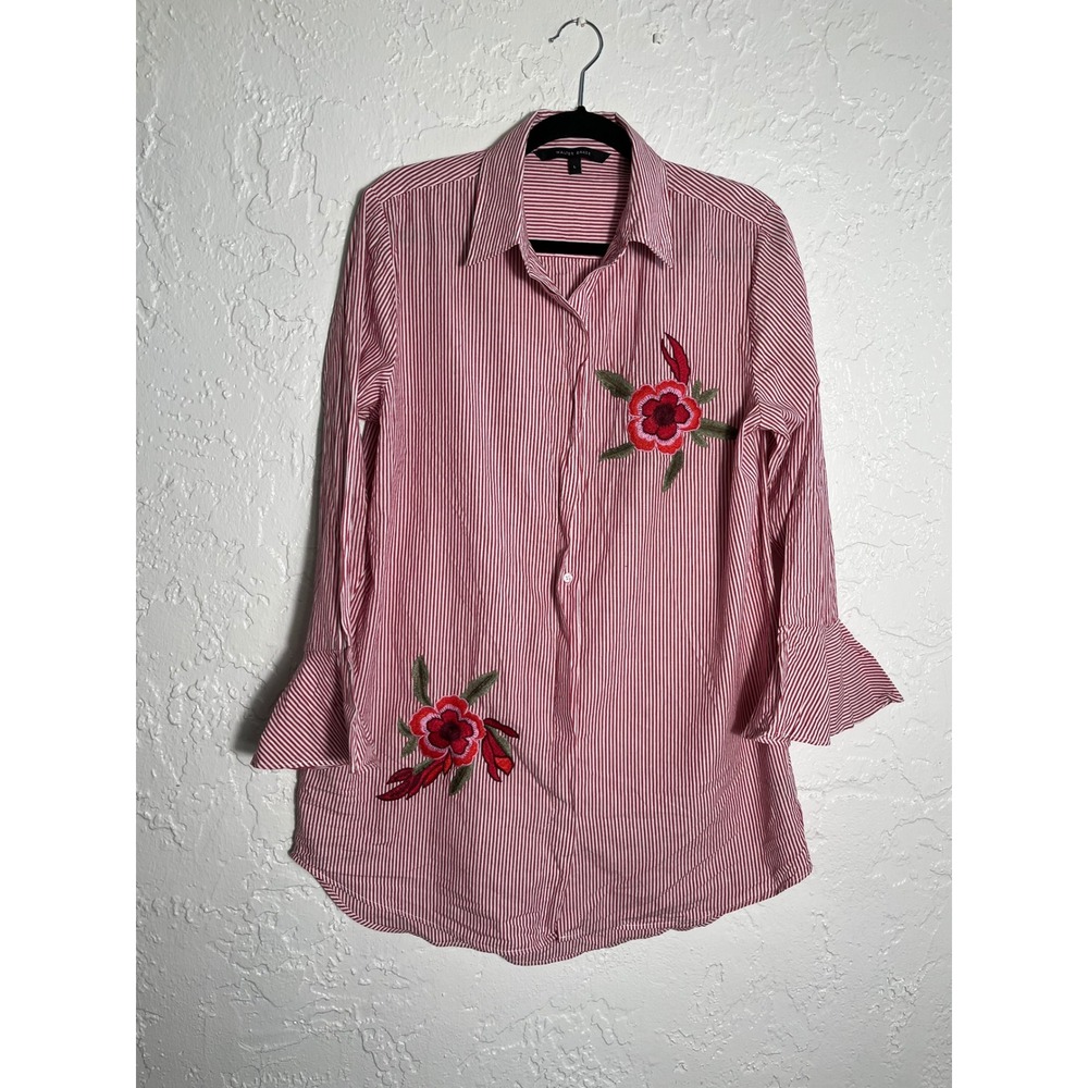 Walter Baker Women's Large Red White Striped Floral Embroidered Ruffle Blouse